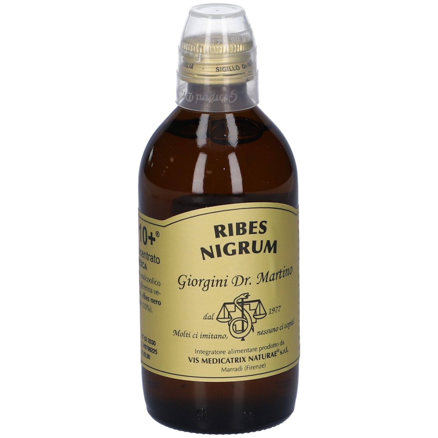Flacon en verre brun avec étiquette dorée. Gemmo 10+ et Ribes Nigrum sont indiqués. Le col de la bouteille est scellé avec du papier doré.