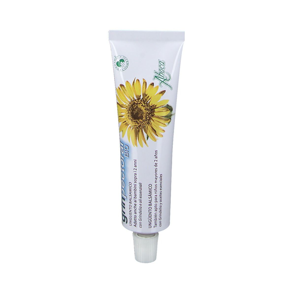 Tube blanc avec impression jaune. Inscription Aboca® et Grinpectoral Balsam. Certification bio. Illustration de tournesol.