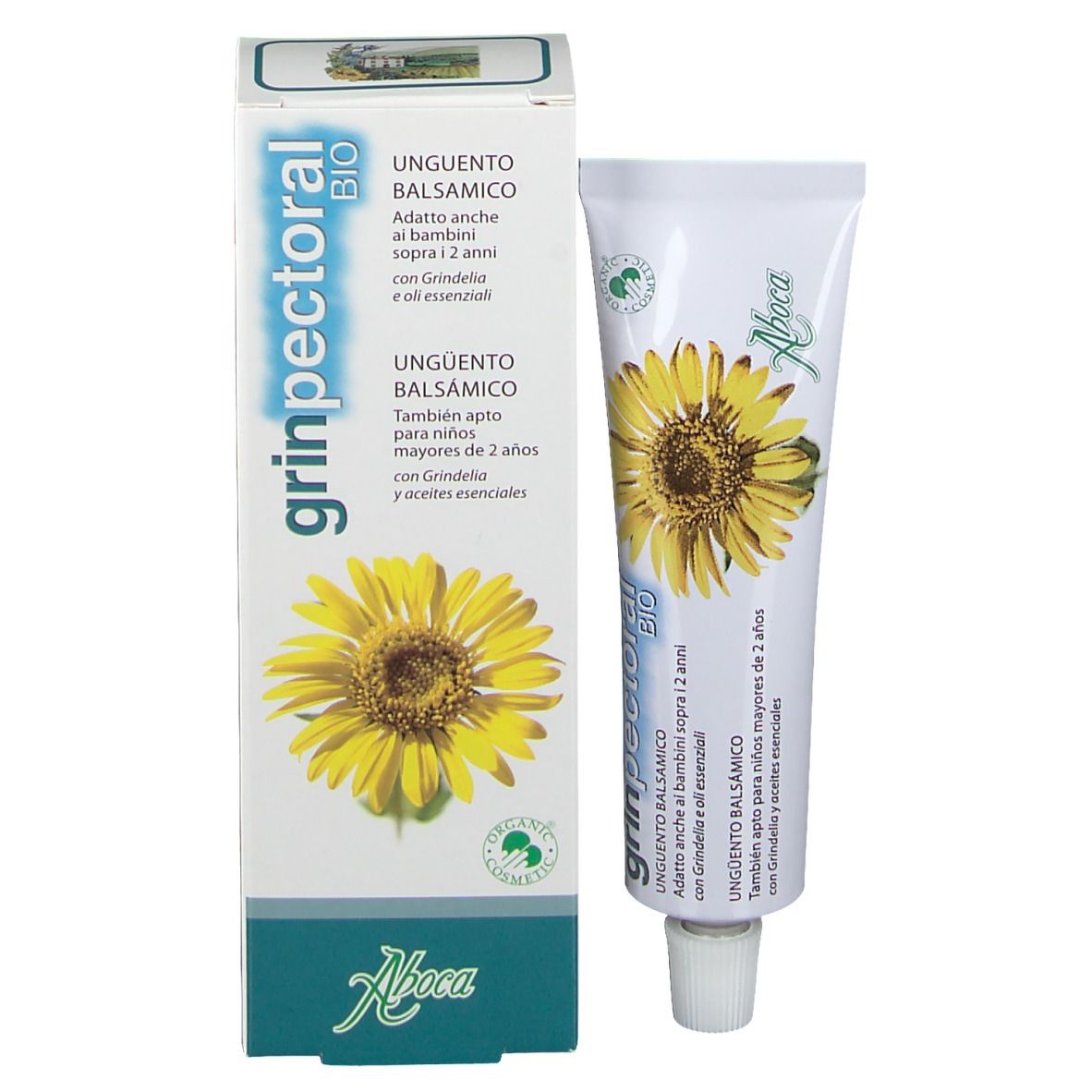 Emballage du produit avec tube. Boîte et tube avec design jaune. Inscription Aboca® et Grinpectoral Balsam.