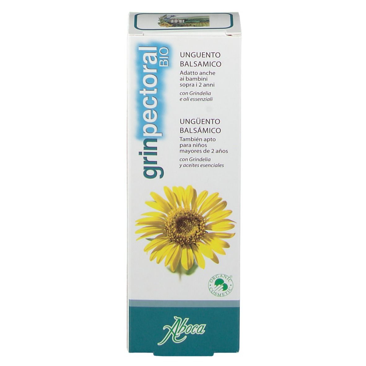 Emballage en carton avec design jaune. Inscription Aboca® et Grinpectoral Balsam. Certification bio. Illustration de tournesol.