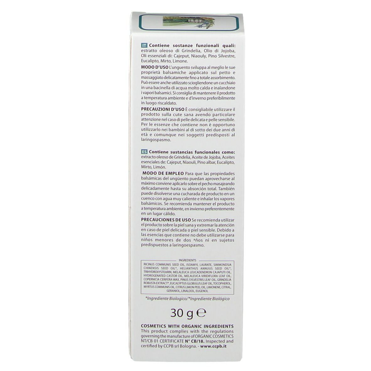 Côté de l'emballage en carton. Texte multilingue. Informations sur les ingrédients et l'utilisation.