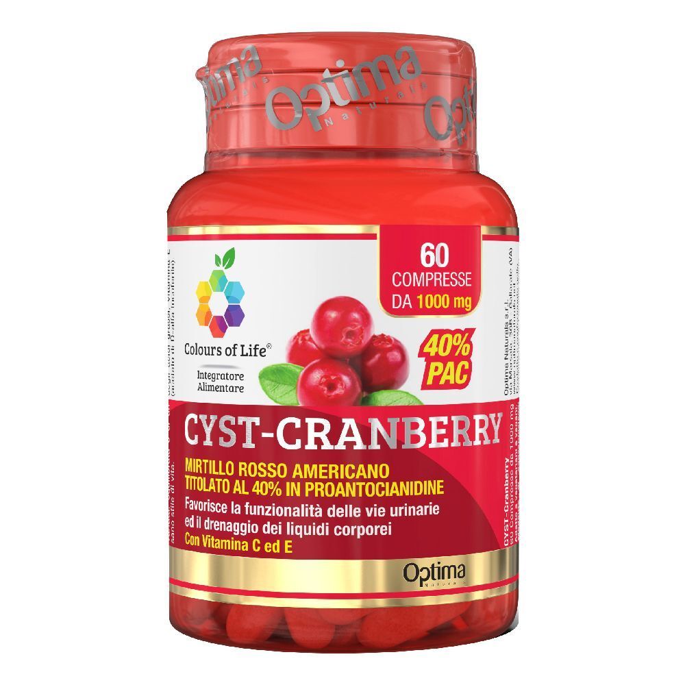 Flacon rouge de gélules. Inscription: CYST-CRANBERRY, 60 comprimés, 40% PAC. Marque Optima.
