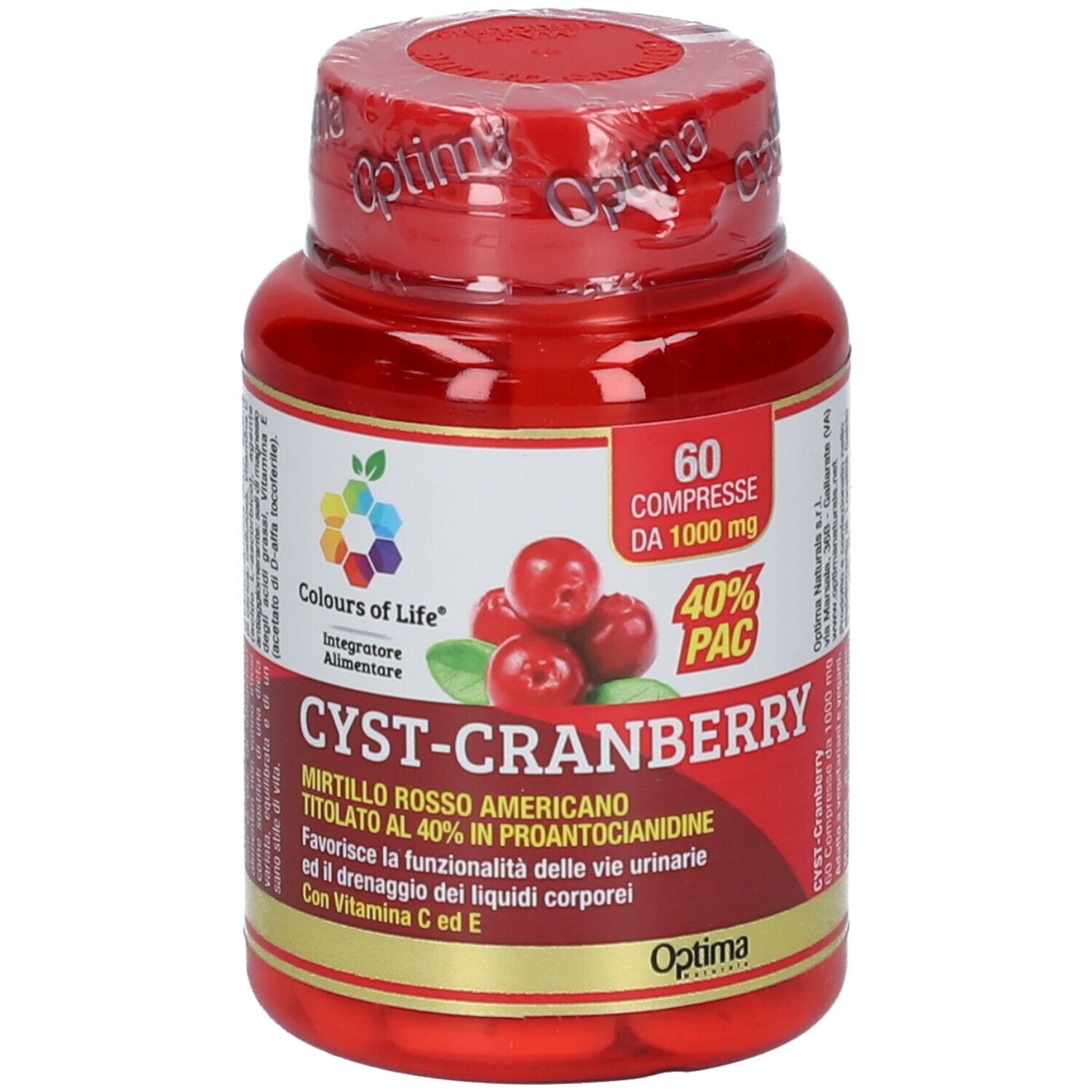 Flacon rouge de gélules. Inscription: CYST-CRANBERRY, 60 comprimés, 40% PAC. Marque Optima.
