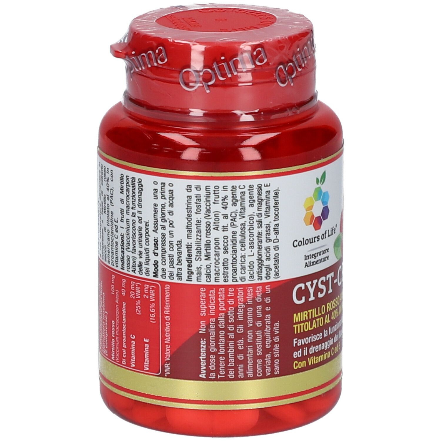 Flacon rouge de gélules. Inscription: CYST-CRANBERRY, 60 comprimés, 40% PAC. Marque Optima.