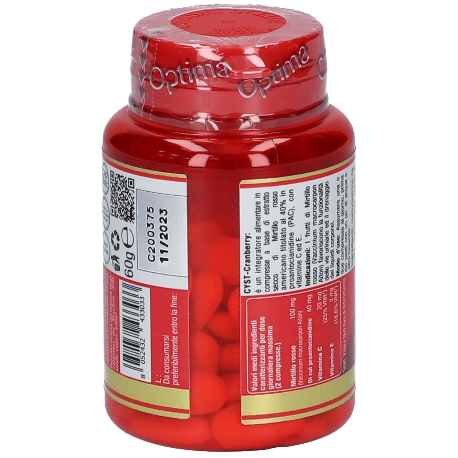 Flacon rouge de gélules. Inscription: CYST-CRANBERRY, 60 comprimés, 40% PAC. Marque Optima.