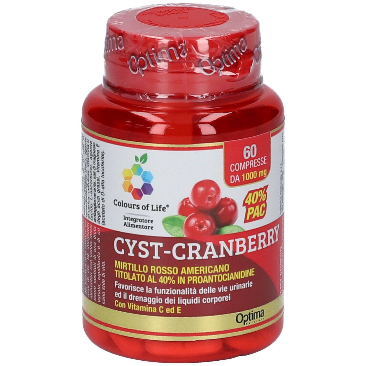 Flacon rouge de gélules. Inscription: CYST-CRANBERRY, 60 comprimés, 40% PAC. Marque Optima.