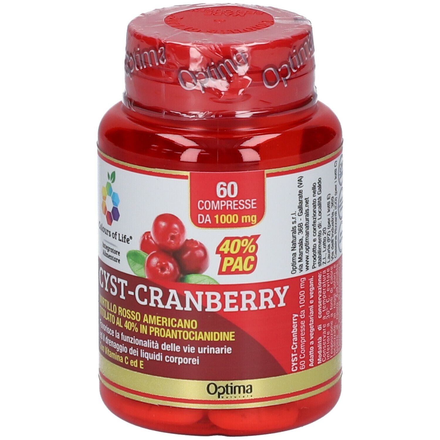 Flacon rouge de gélules. Inscription: CYST-CRANBERRY, 60 comprimés, 40% PAC. Marque Optima.