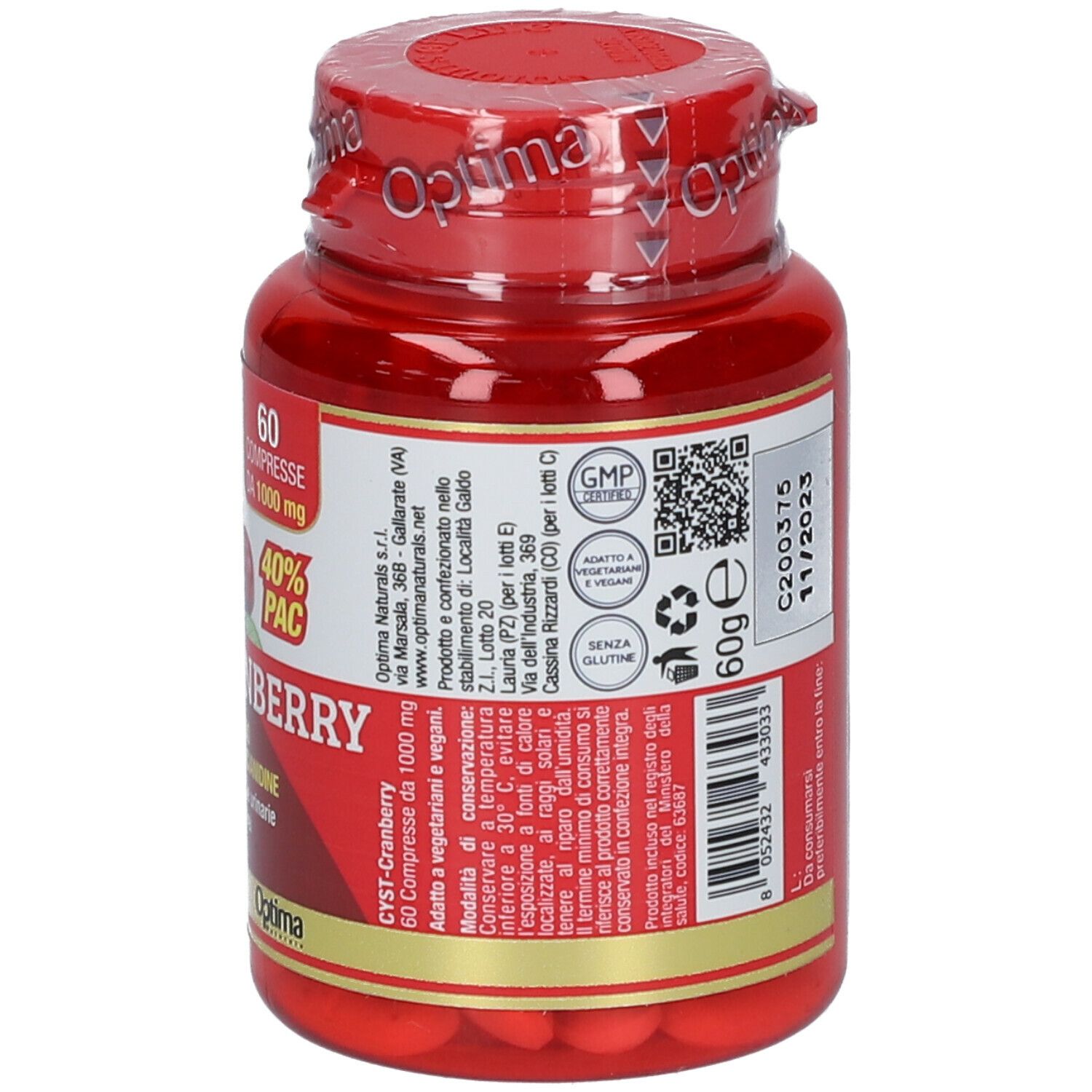 Flacon rouge de gélules. Inscription: CYST-CRANBERRY, 60 comprimés, 40% PAC. Marque Optima.
