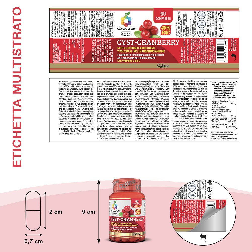 Etikett der Cysti-Cranberry-Flasche mit detaillierten Produktinformationen und Inhaltsstoffen.