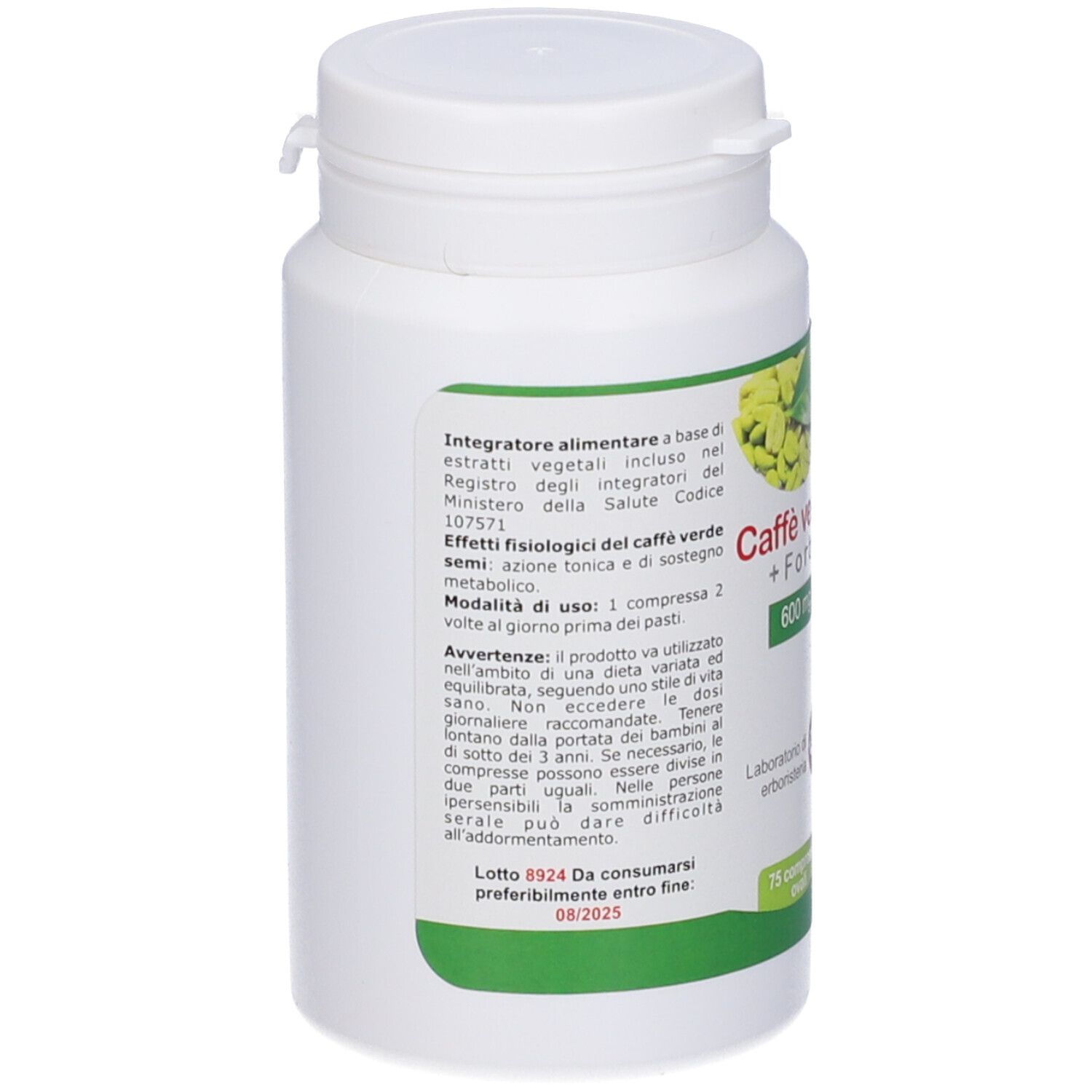 Weiße Tablettenflasche mit grünem Etikett. Text: Integratore alimentare, Ministero della Salute. Mindesthaltbarkeit 08/2025.