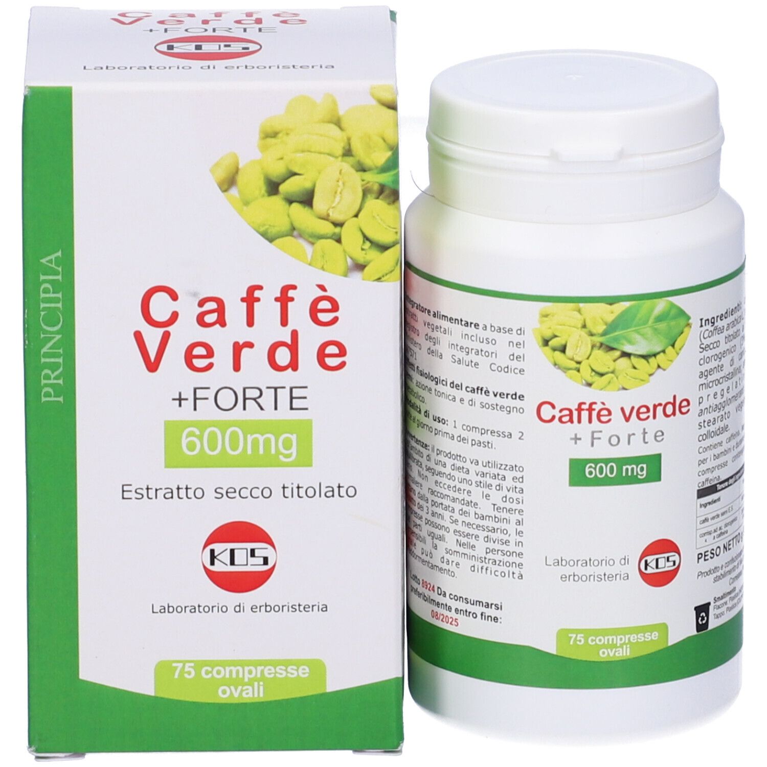 Produktpackung mit Schachtel und Tablettenflasche. Text: Caffe' Verde + Forte, 600mg, 75 Tabletten. Abbildung grüner Kaffeebohnen.
