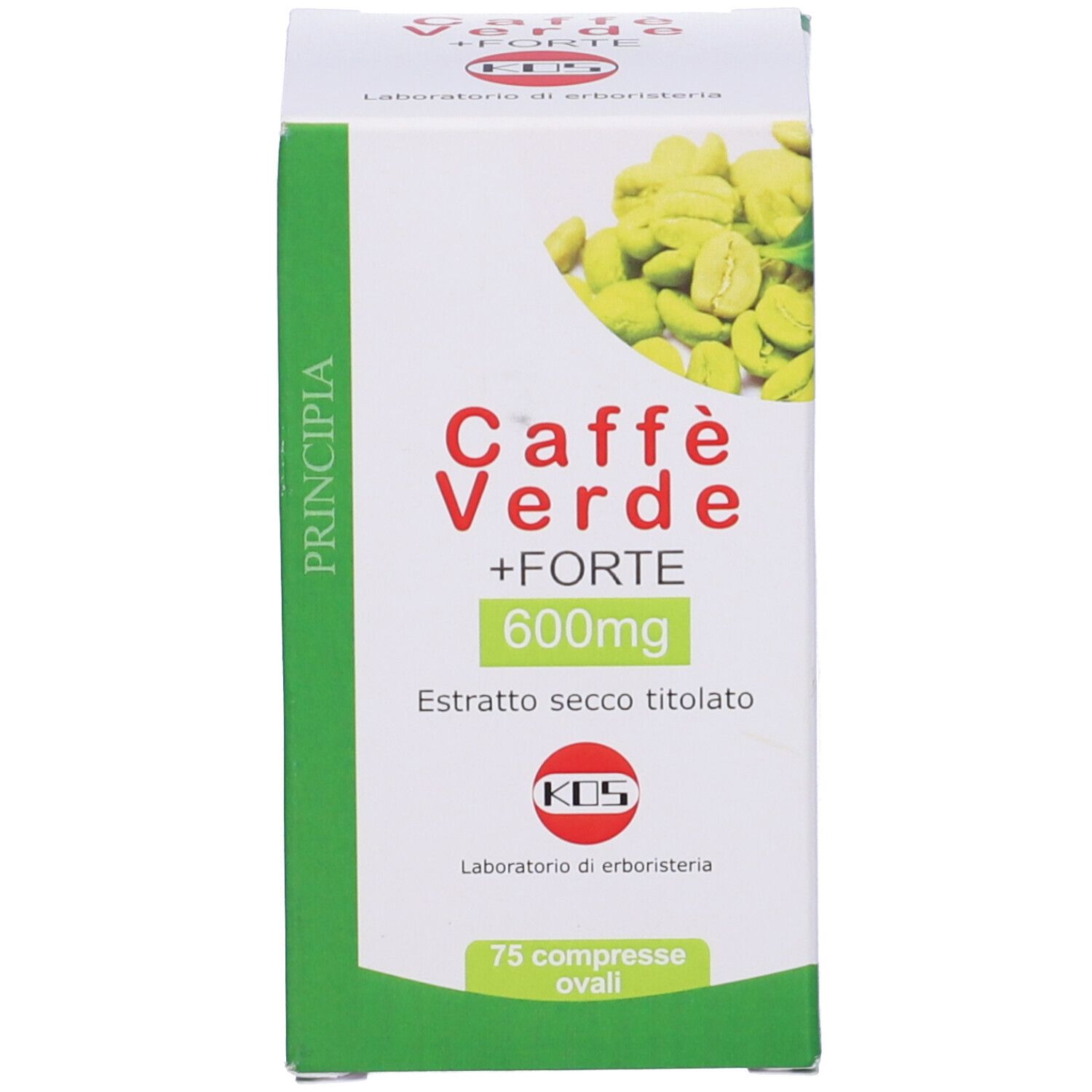 Weiße und grüne Schachtel mit Produktaufschrift. Abbildung grüner Kaffeebohnen. Text: Caffe' Verde + Forte, 600mg, 75 Tabletten.