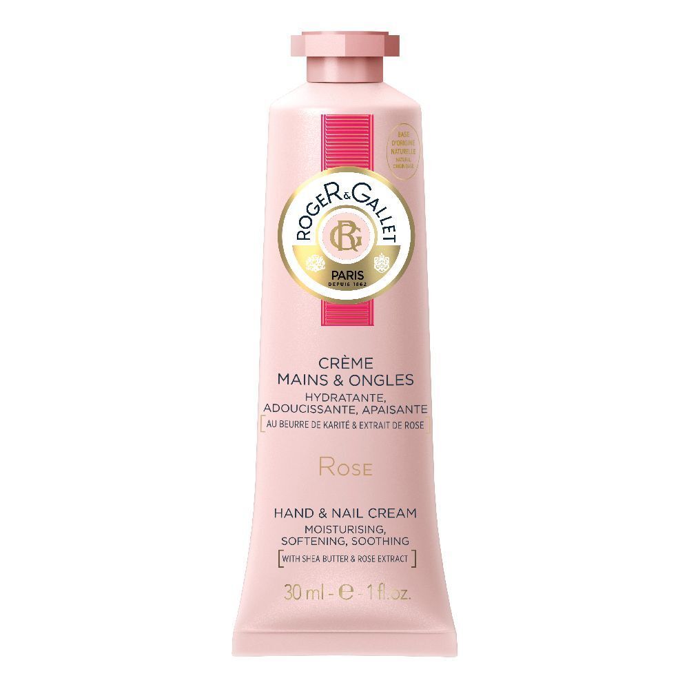 Rosa Handcreme-Tube. Text: Crème Mains & Ongles, Hand & Nail Cream. Marke Roger&Gallet.
