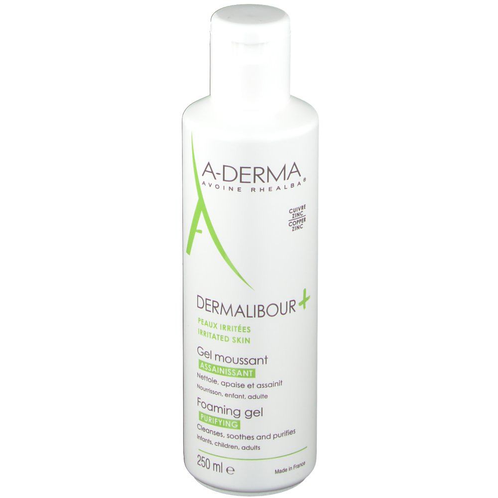 Weiße Flasche mit grünem Etikett. Aufschrift: A-DERMA, Dermalibour+, Gel moussant, Foaming gel. 250 ml.