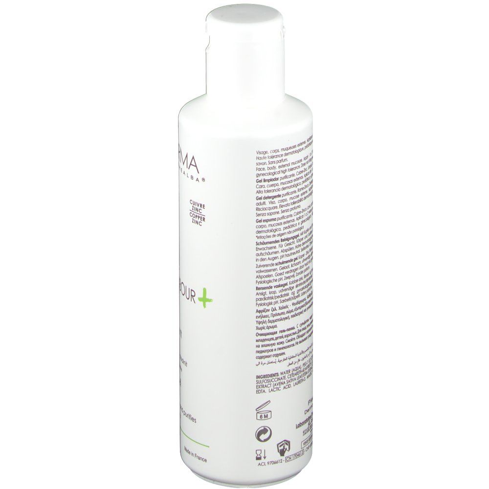 Weiße Flasche, Rückseite mit Text. Aufschrift: A-DERMA, Dermalibour+. Enthält Inhaltsstoffe und Herstellerinformationen.