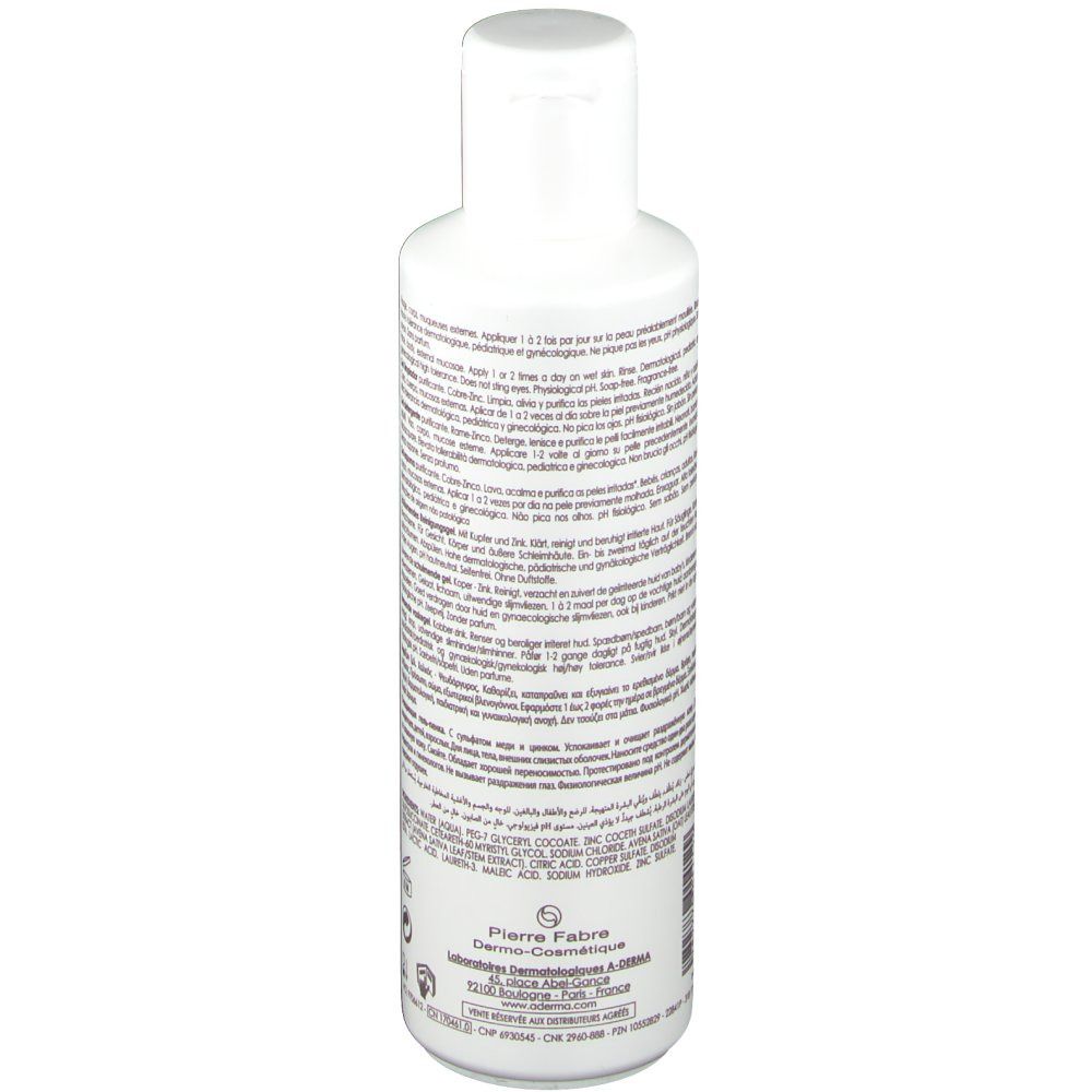 Weiße Flasche, Rückseite mit Text. Aufschrift: A-DERMA, Dermalibour+. Enthält Inhaltsstoffe und Herstellerinformationen.