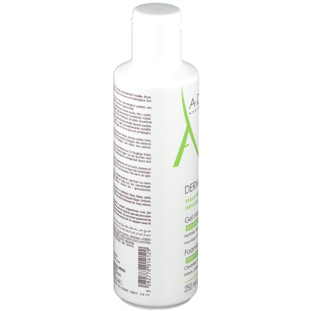 Weiße Flasche, leicht schräg. Aufschrift: A-DERMA, Dermalibour+, Gel moussant, Foaming gel. 250 ml.