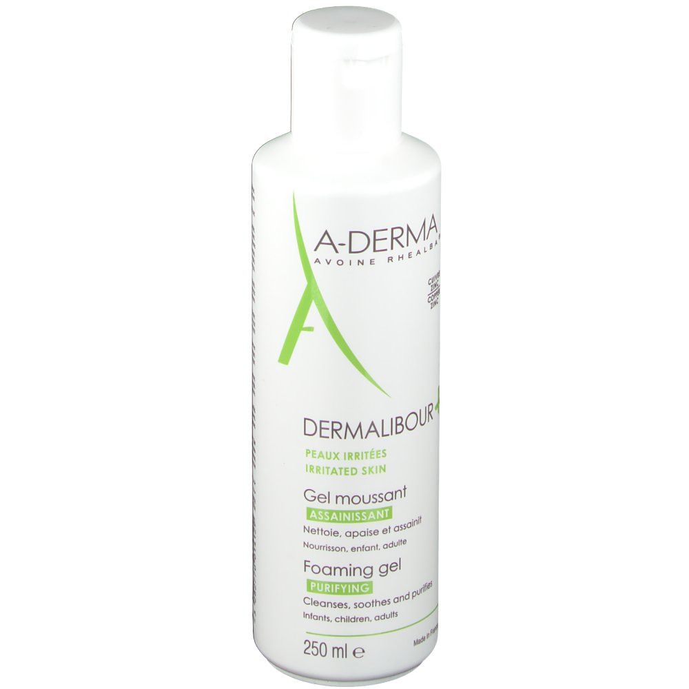 Weiße Flasche mit grünem Etikett. Aufschrift: A-DERMA, Dermalibour+, Gel moussant, Foaming gel. 250 ml.