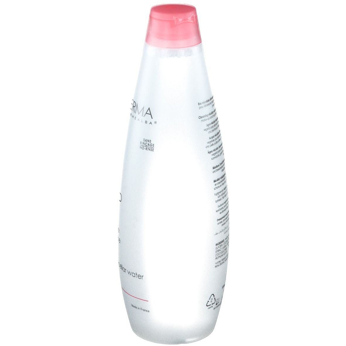 A-DERMA Sensifluid Flasche, Rückseite. Weiß, rosa Deckel. Text: Produktinformationen, Inhaltsstoffe, Hersteller.