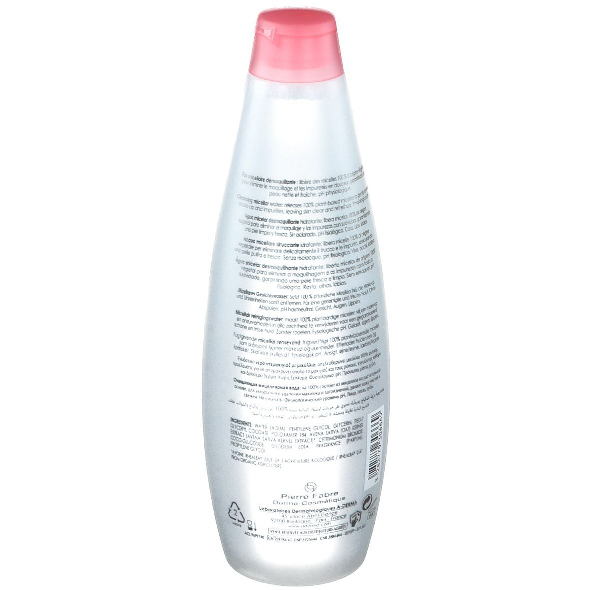 A-DERMA Sensifluid Flasche, Rückseite. Weiß, rosa Deckel. Text: Produktinformationen, Inhaltsstoffe, Hersteller.
