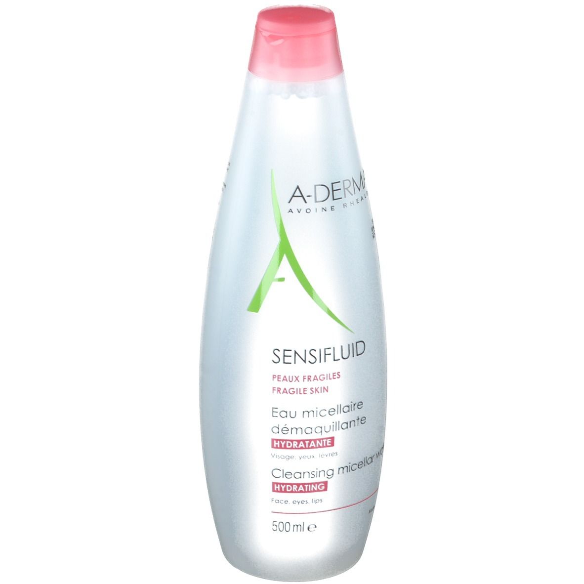 A-DERMA Sensifluid Micellar-Wasser Flasche. Weiß, rosa Deckel. Text: Sensifluid, Eau micellaire démaquillante, Hydratante.