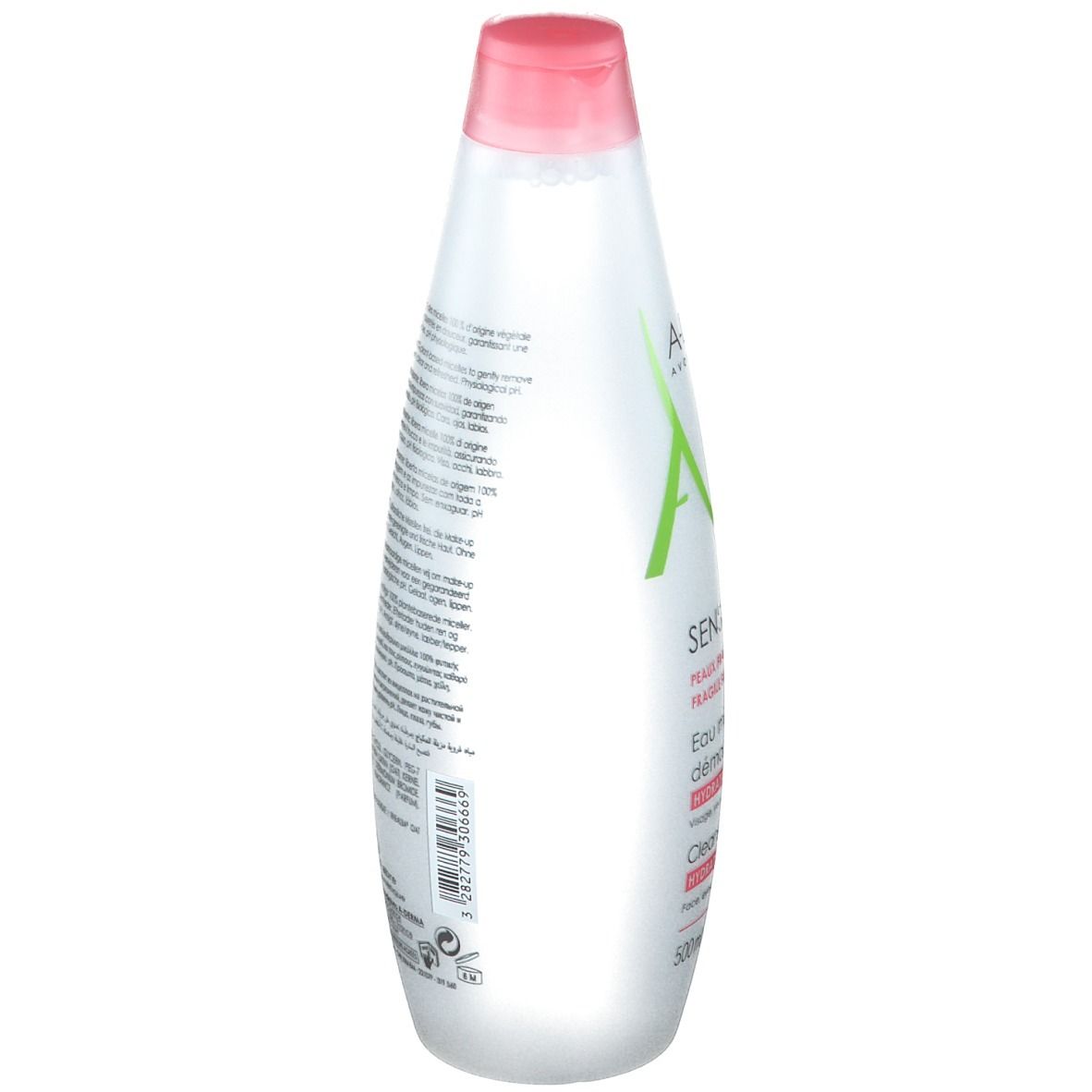 A-DERMA Sensifluid Flasche, Rückseite. Weiß, rosa Deckel. Text: Produktinformationen, Inhaltsstoffe, Hersteller.