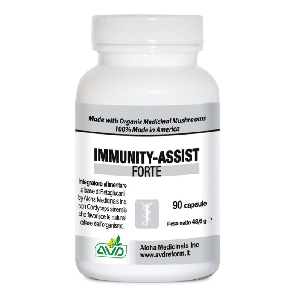 Weißes Pillenfläschchen mit Aufschrift „IMMUNITY-ASSIST FORTE“. Enthält 90 Kapseln. Hergestellt in den USA.