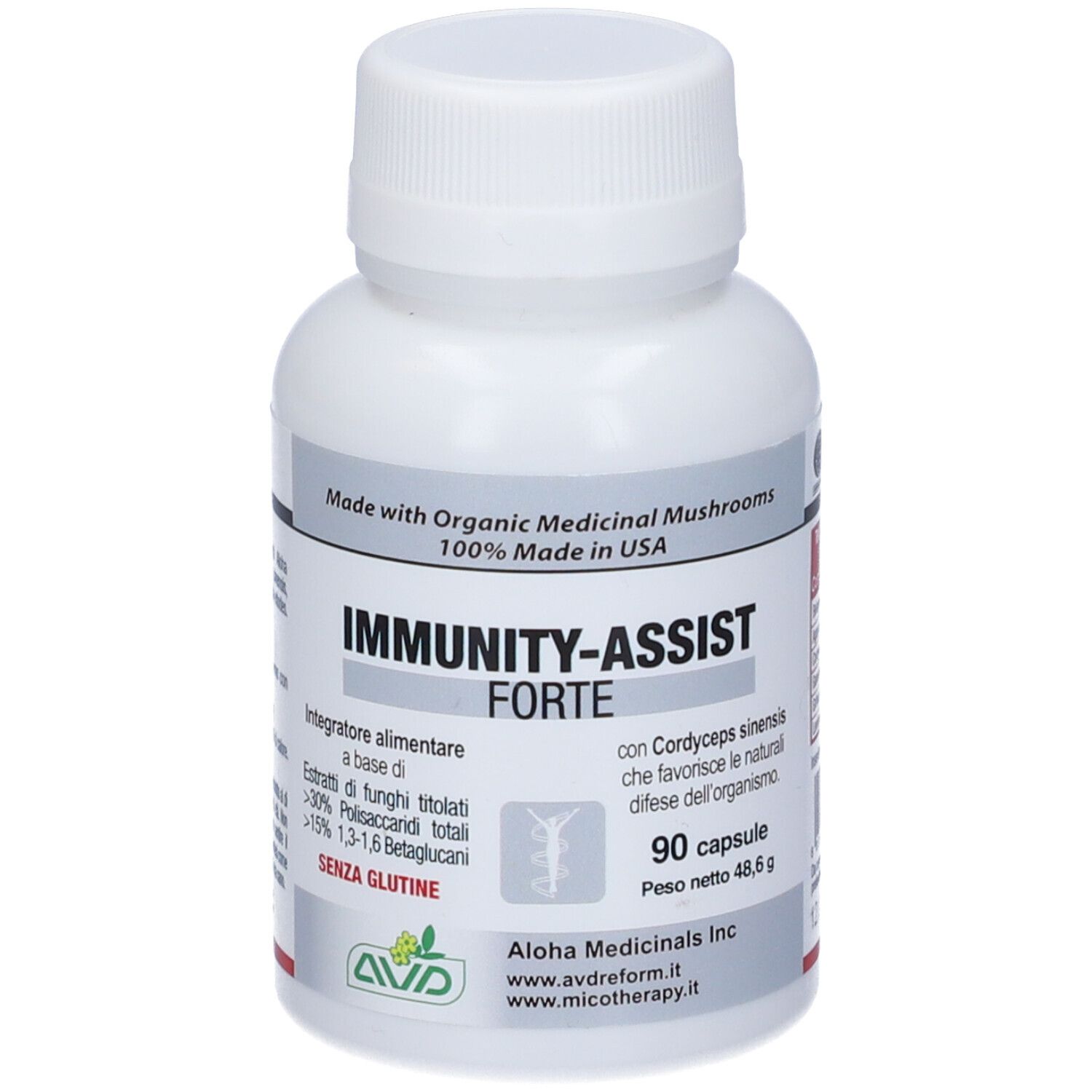 Weißes Pillenfläschchen mit „IMMUNITY-ASSIST FORTE“. Enthält 90 Kapseln. Glutenfrei. Hergestellt in den USA.