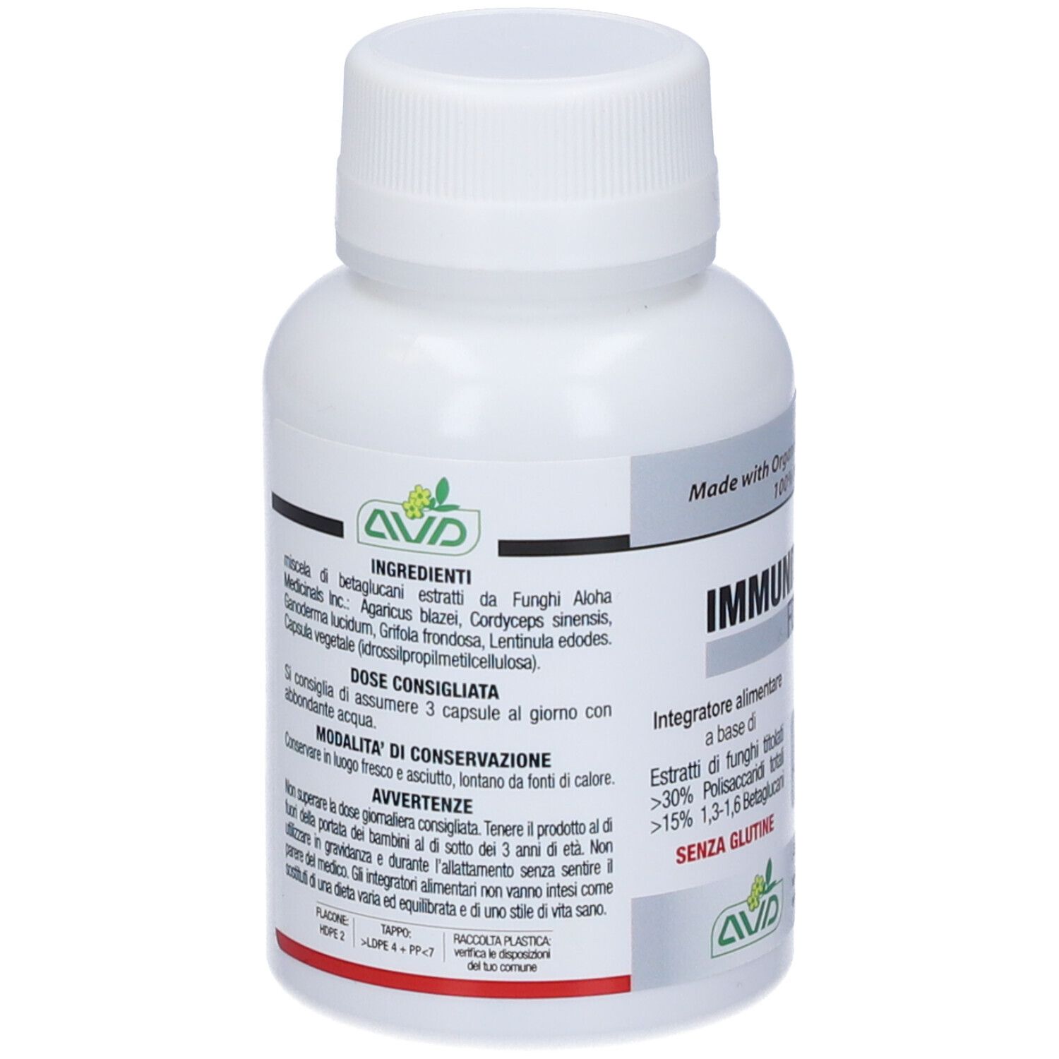 Weißes Pillenfläschchen mit Zutatenliste. Enthält „IMMUNITY-ASSIST FORTE“. Enthält 90 Kapseln. Glutenfrei.