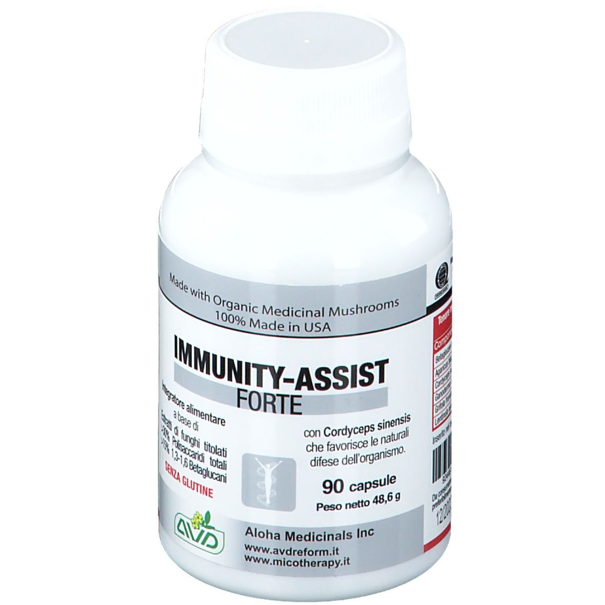 Weißes Pillenfläschchen mit Aufschrift „IMMUNITY-ASSIST FORTE“. Enthält 90 Kapseln. Glutenfrei. Hergestellt in den USA.