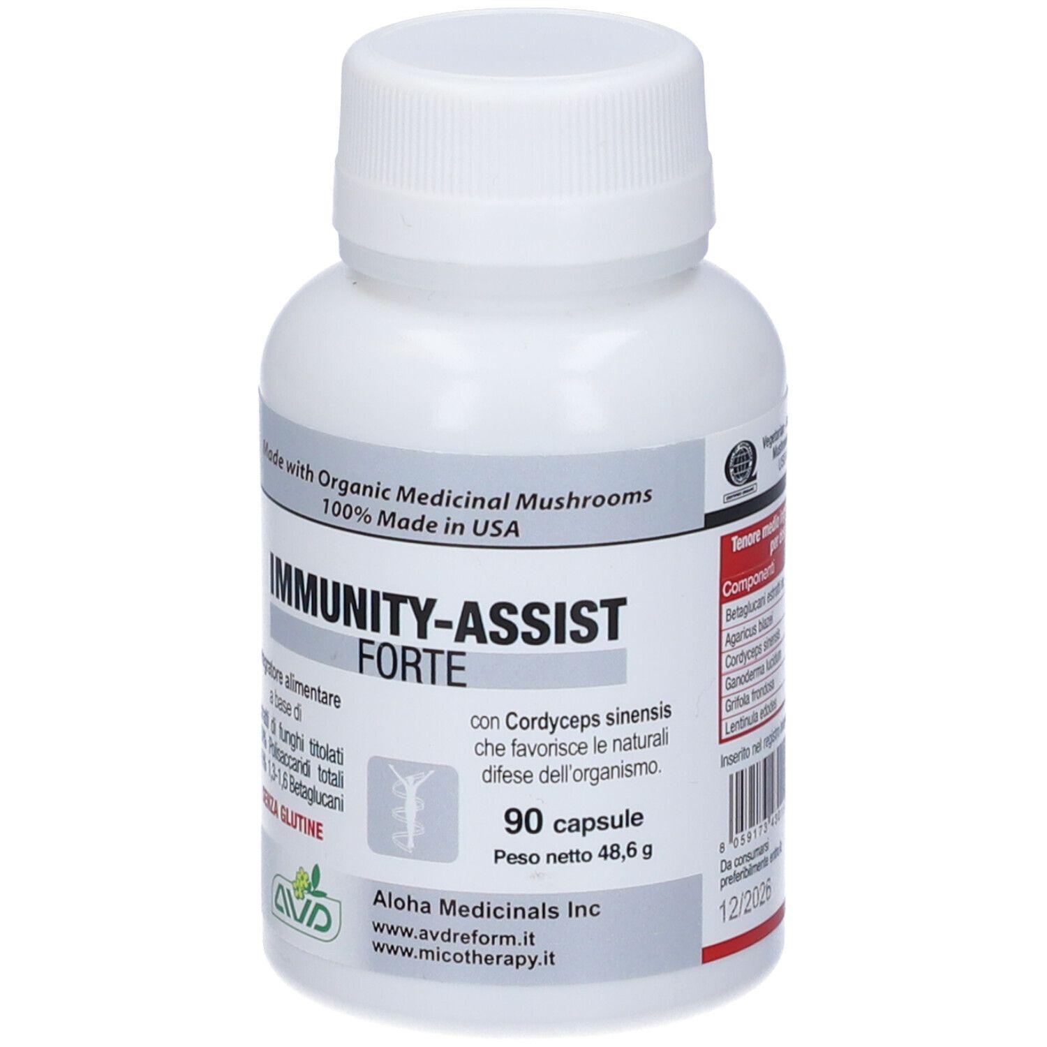 Weißes Pillenfläschchen mit Aufschrift „IMMUNITY-ASSIST FORTE“. Enthält 90 Kapseln. Hergestellt in den USA.