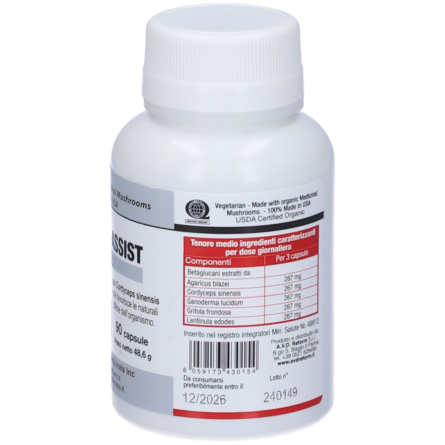 Weißes Pillenfläschchen mit Zutatenliste. Enthält „IMMUNITY-ASSIST FORTE“. Enthält 90 Kapseln. Hergestellt in den USA.