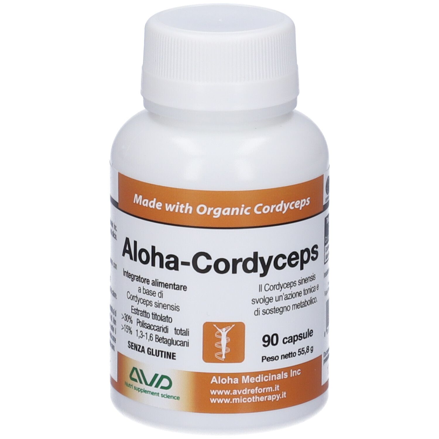 Flacon blanc de gélules Aloha-Cordyceps. Inscriptions : Made with Organic Cordyceps, 90 capsules, sans gluten. Logo AVD.