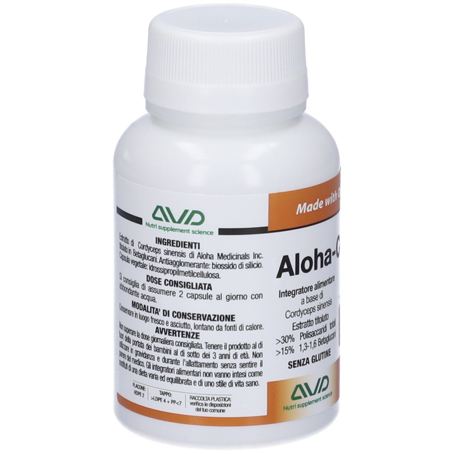 Flacon blanc de gélules Aloha-Cordyceps. Inscriptions : Ingrédients, posologie, avertissements. Logo AVD. Fond d'étiquette marron.
