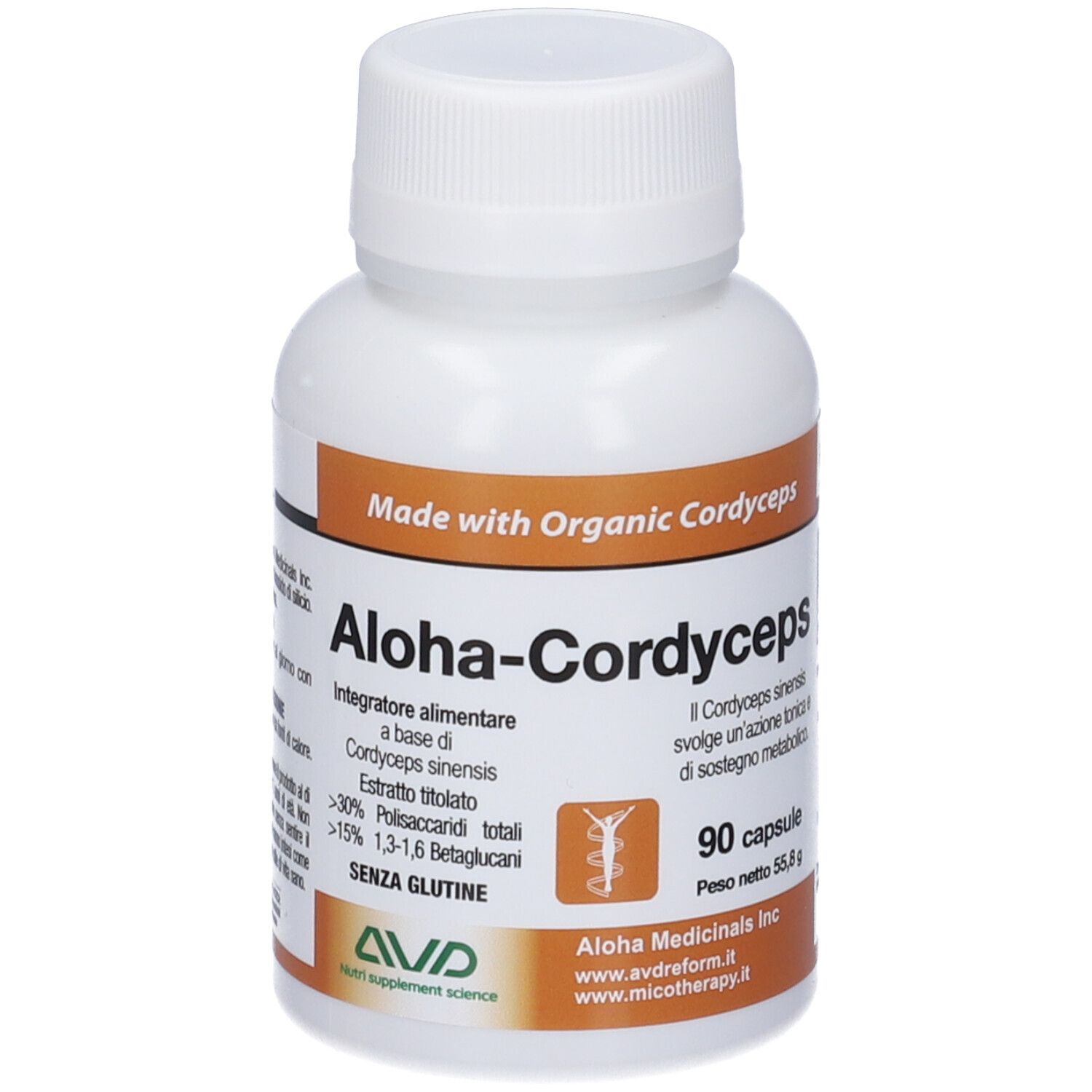 Flacon blanc de gélules Aloha-Cordyceps. Inscriptions : Made with Organic Cordyceps, 90 capsules, sans gluten. Logo AVD.