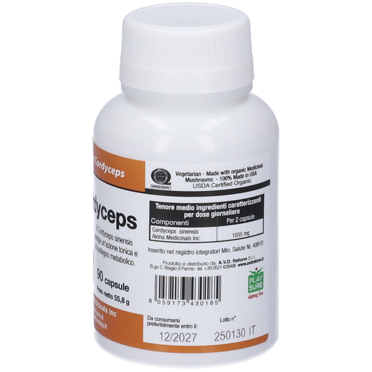 Flacon blanc de gélules Aloha-Cordyceps. Inscriptions : 90 capsules, DDM 12/2027. USDA Organic, végétarien. Logo AVD.