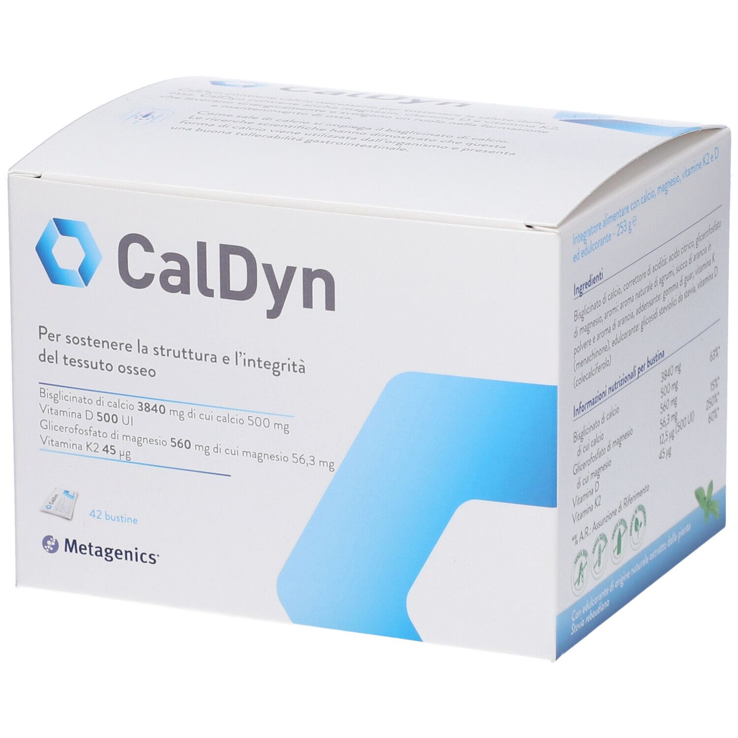 Weißer Karton mit CalDyn-Logo und Inhaltsangaben. Enthält 42 Beutel. Metagenics-Logo unten.