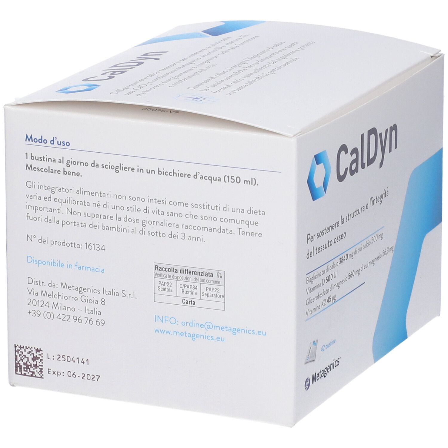 Rückseite der CalDyn-Verpackung. Enthält Informationen zur Anwendung und Inhaltsstoffe. Metagenics-Logo.