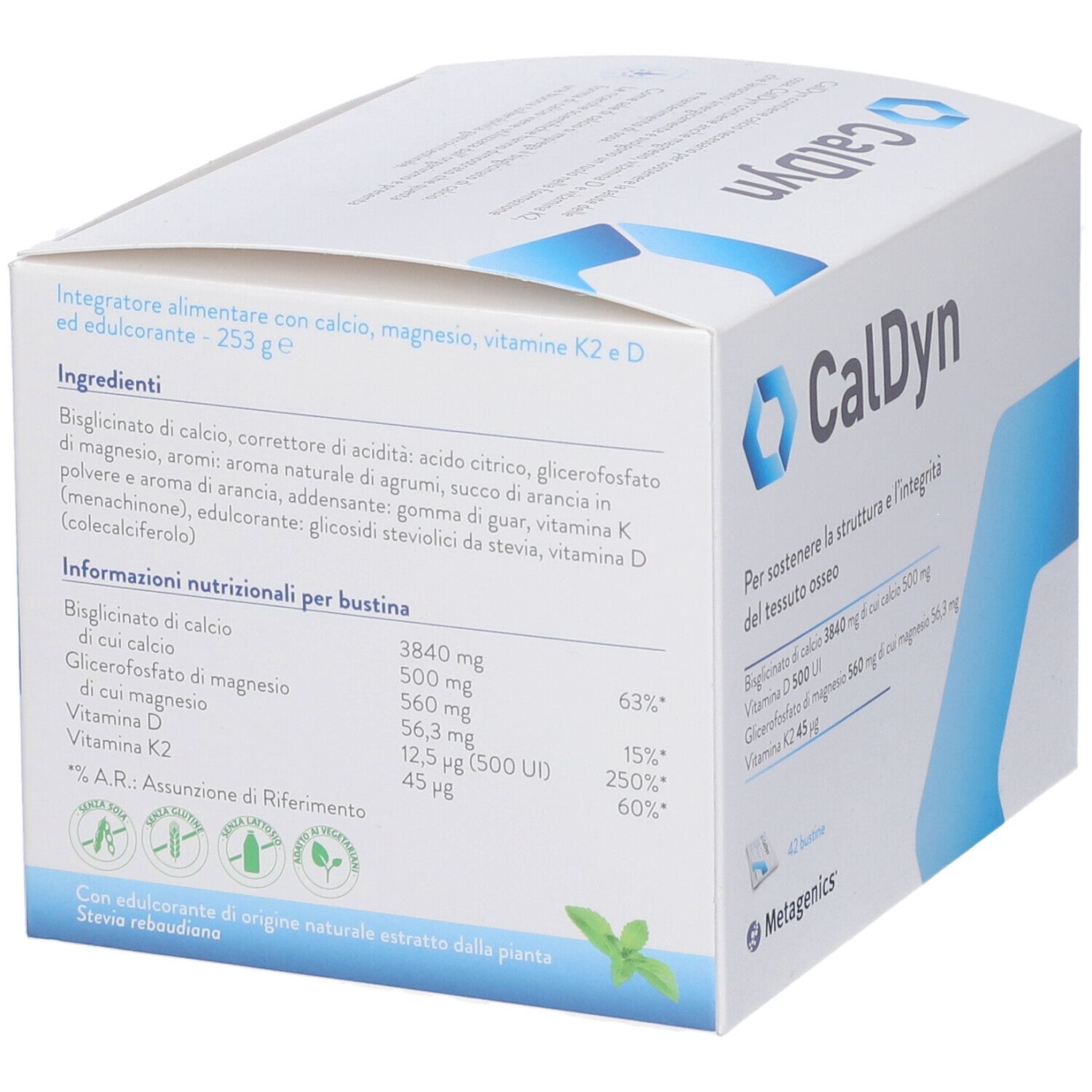 CalDyn-Verpackung mit Inhaltsangaben und Nährwertinformationen. Enthält 42 Beutel. Metagenics-Logo.