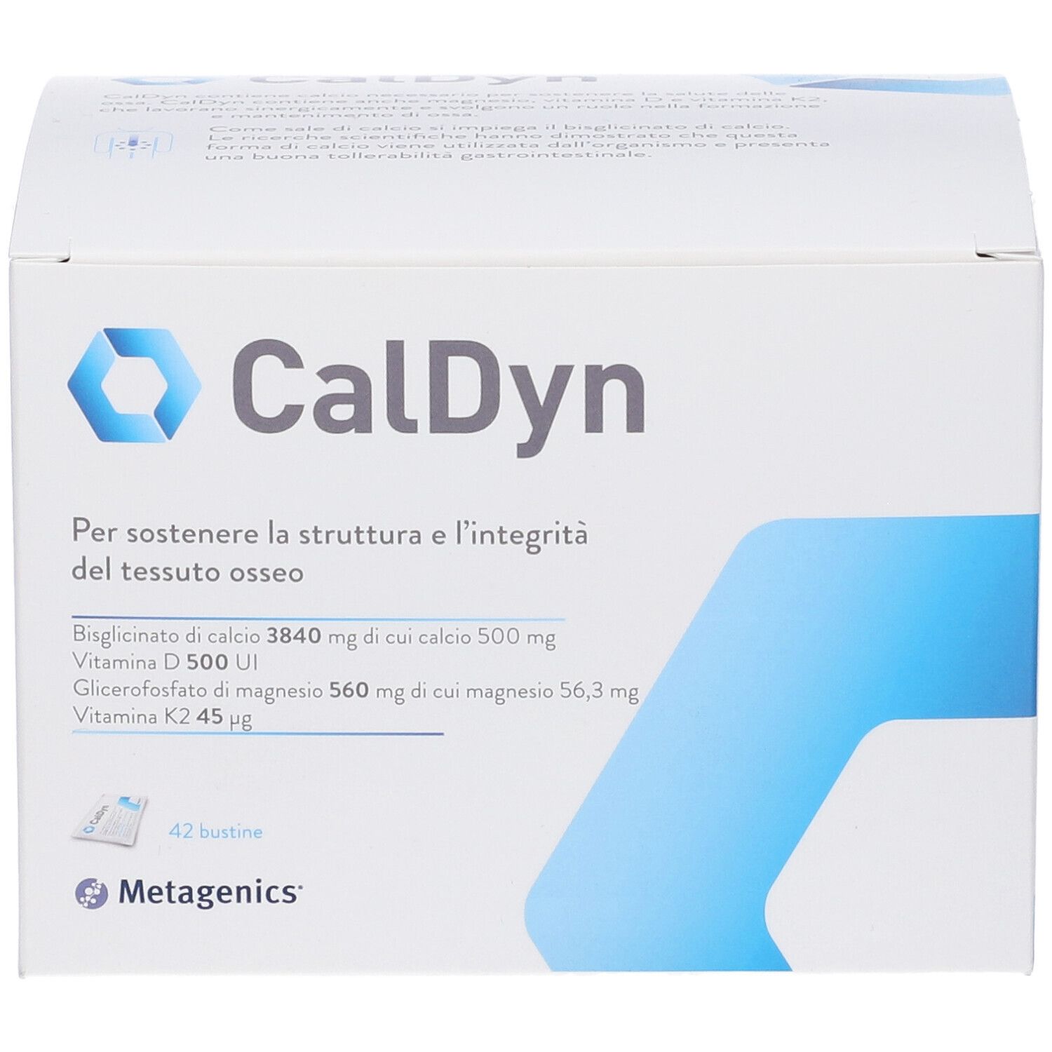 Weißer Karton mit CalDyn-Logo und Inhaltsangaben. Enthält 42 Beutel. Metagenics-Logo unten.