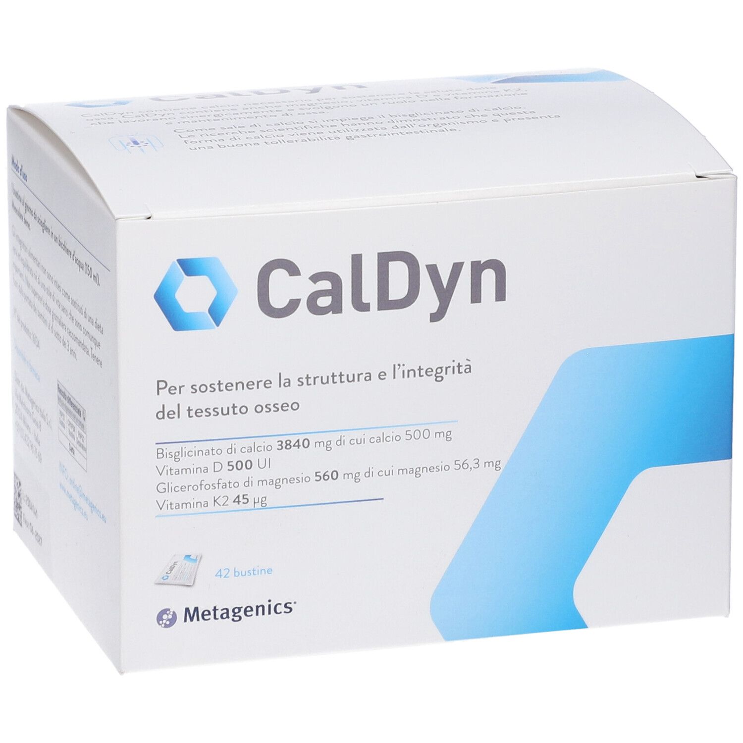 Weißer Karton mit CalDyn-Logo und Inhaltsangaben. Enthält 42 Beutel. Metagenics-Logo unten.