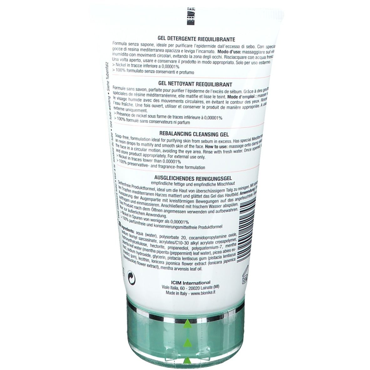 Dos du tube. Texte multilingue. Informations sur le gel nettoyant. Bouchon vert.
