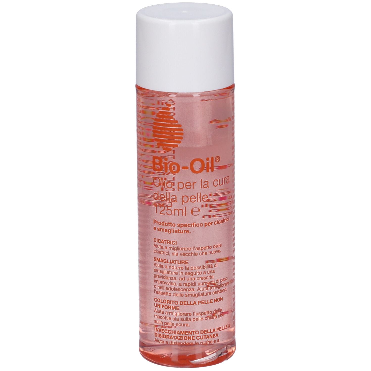 Bio-Oil® Flasche. Zylindrische Form, transparente Flüssigkeit, weißer Deckel. Text: 'Olio per la cura della pelle'.