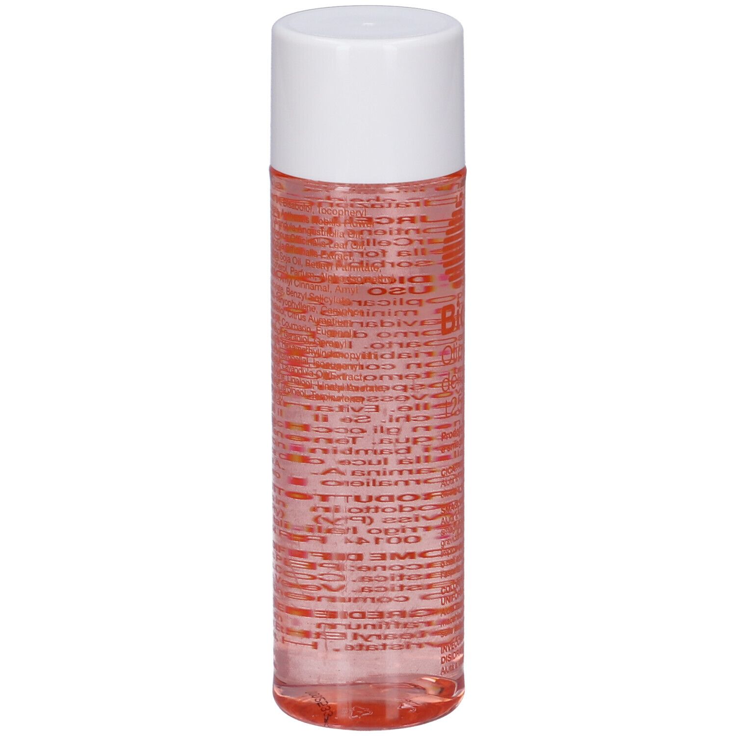 Bio-Oil® Flasche. Zylindrische Form, transparente Flüssigkeit, weißer Deckel. Etikett mit Text in roter Schrift.