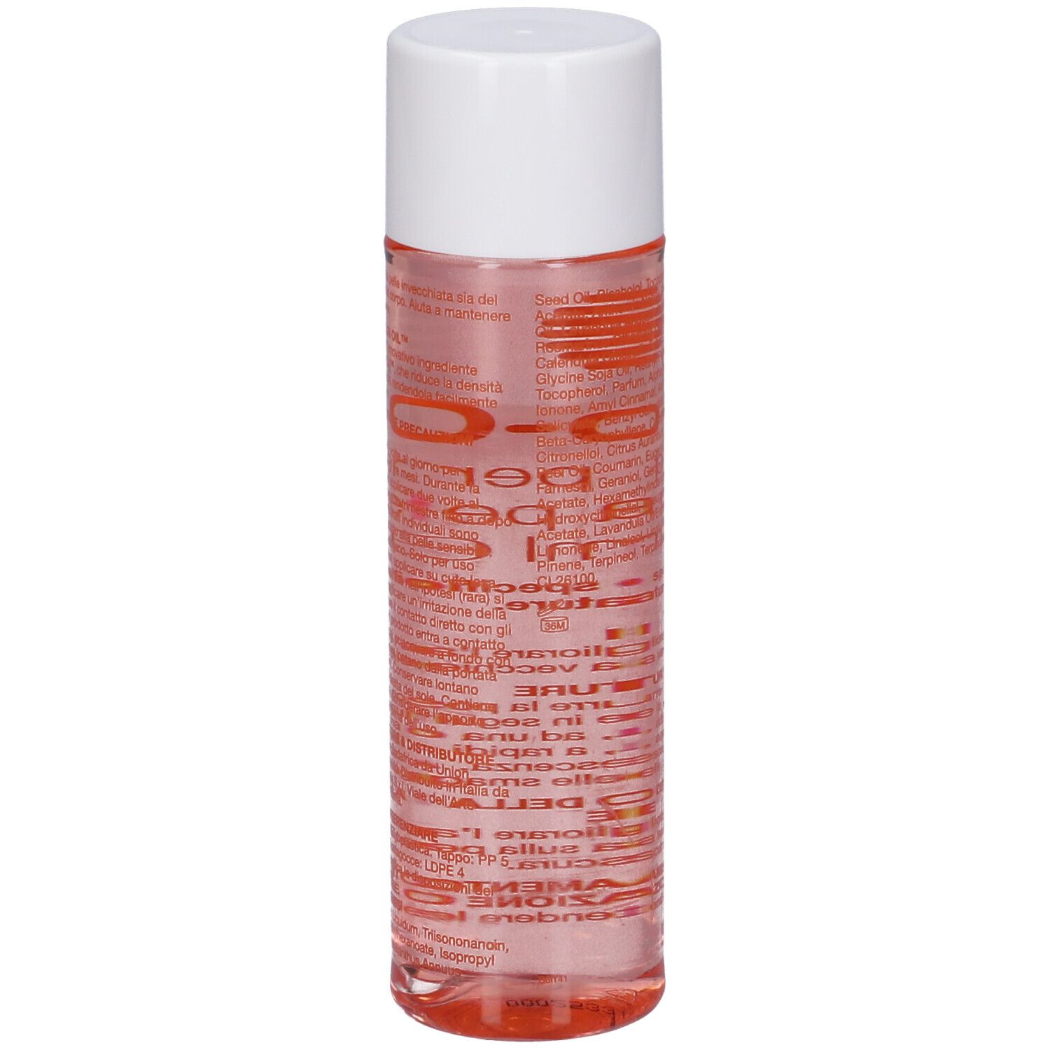 Bio-Oil® Flasche. Zylindrische Form, transparente Flüssigkeit, weißer Deckel. Etikett mit roter Schrift.