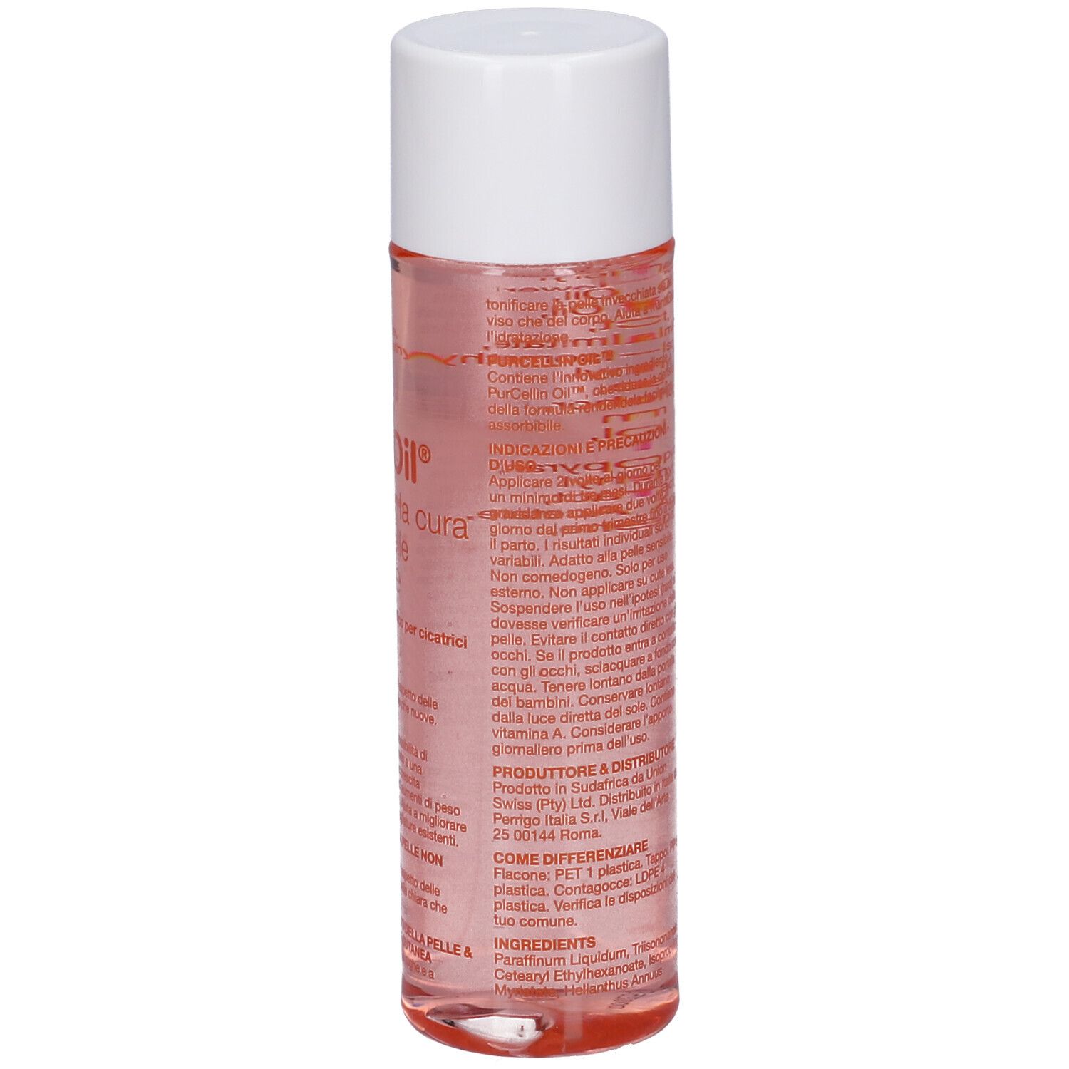 Bio-Oil® Flasche. Zylindrische Form, transparente Flüssigkeit, weißer Deckel. Etikett mit Text und Inhaltsstoffen.