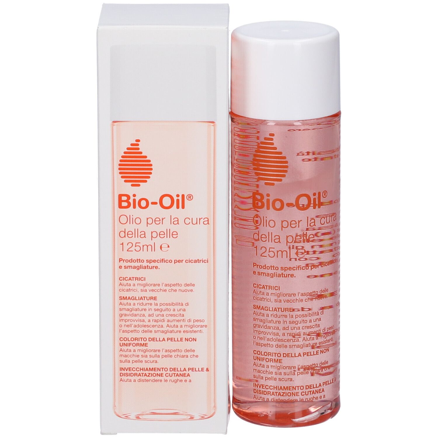 Bio-Oil® Flasche und Verpackung. Flasche mit weißem Deckel, Verpackung mit Text und Logo.