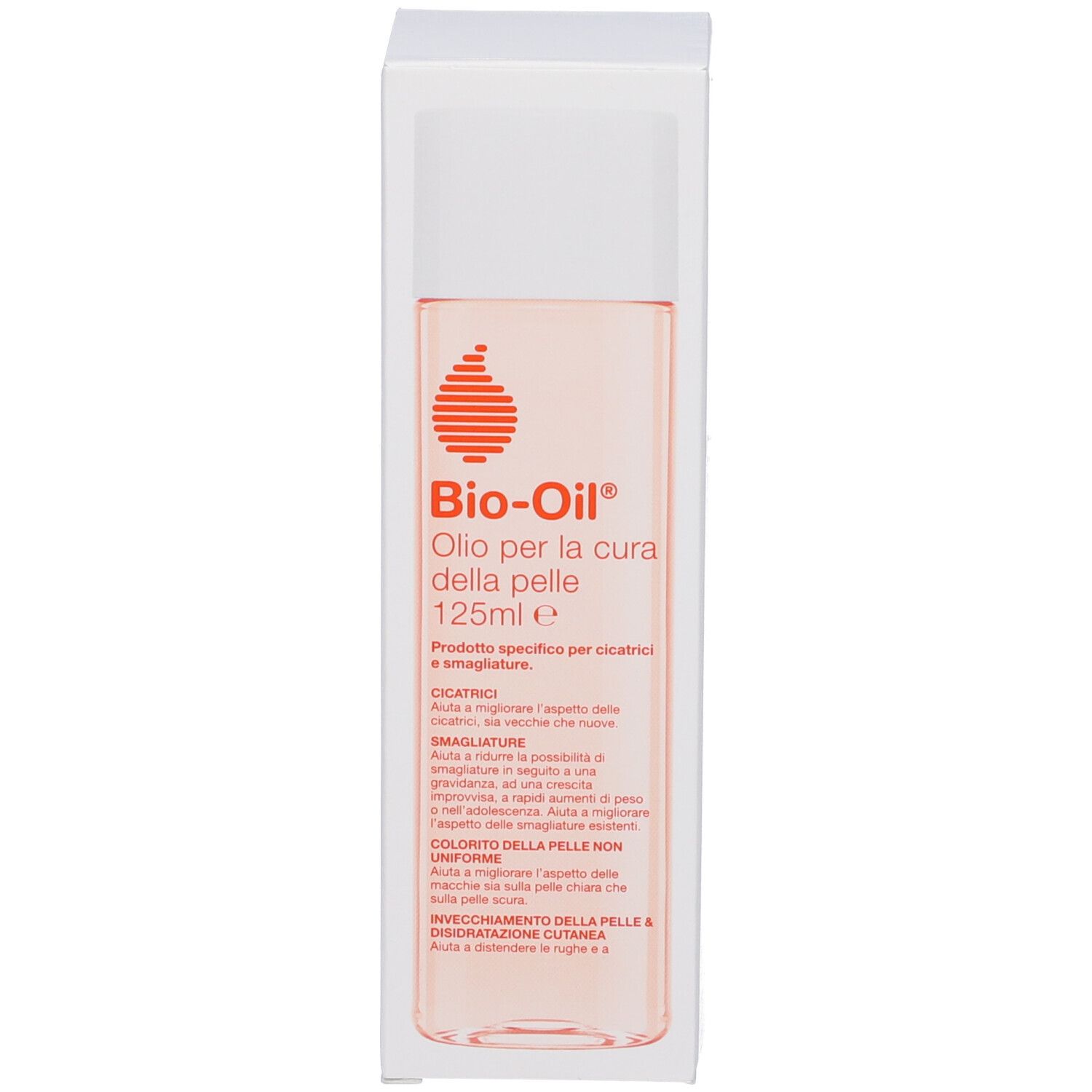 Bio-Oil® Flasche und Verpackung. Flasche mit weißem Deckel, Verpackung mit Text und Logo.
