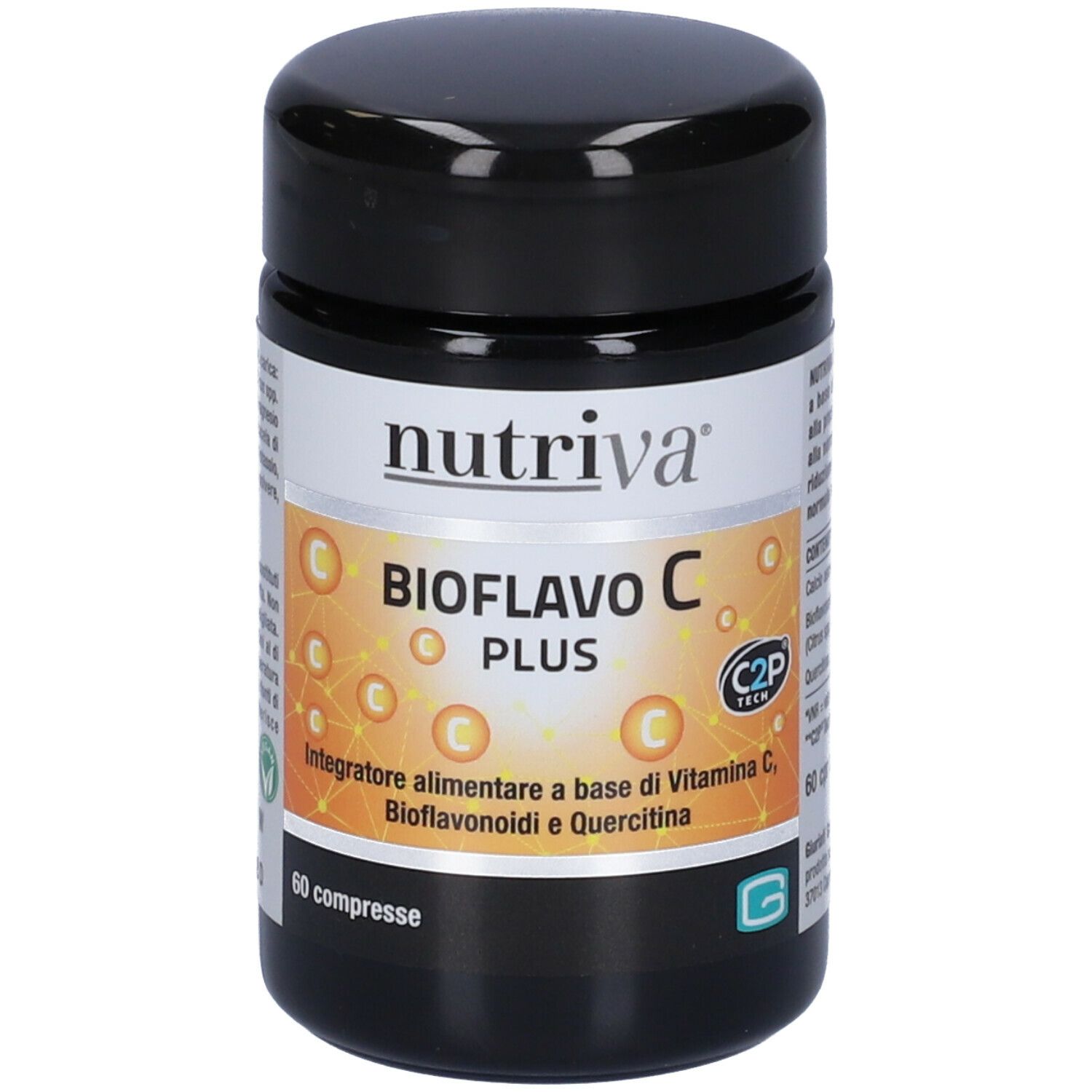 Boîte noire avec étiquette "nutriva Bioflavo C Plus". Contient 60 comprimés. Inscription : "Integratore alimentare".