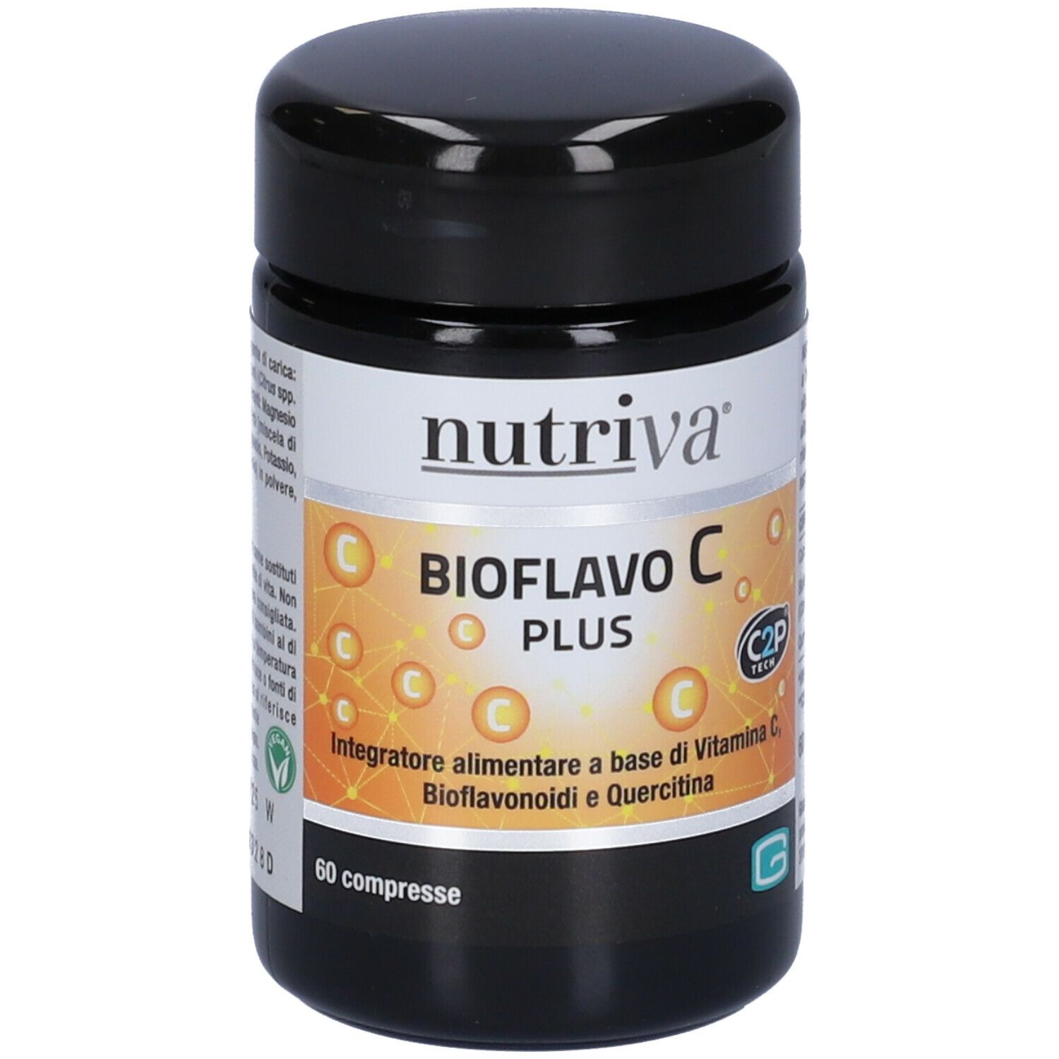Boîte noire avec étiquette "nutriva Bioflavo C Plus". Contient 60 comprimés. Inscription : "Integratore alimentare".